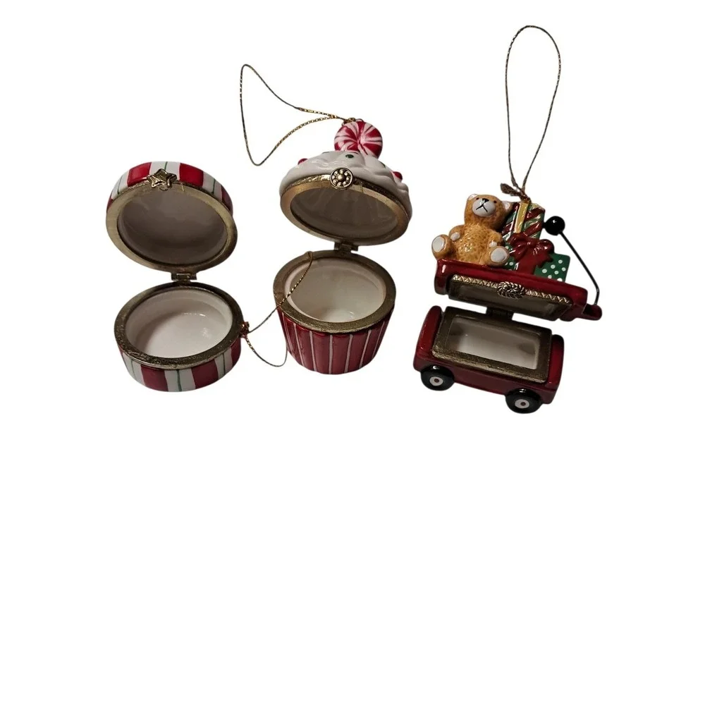 Ornament Trinket Boxes Lot‎ Of 3. One Pepermint, One Cupcake And One Wagon